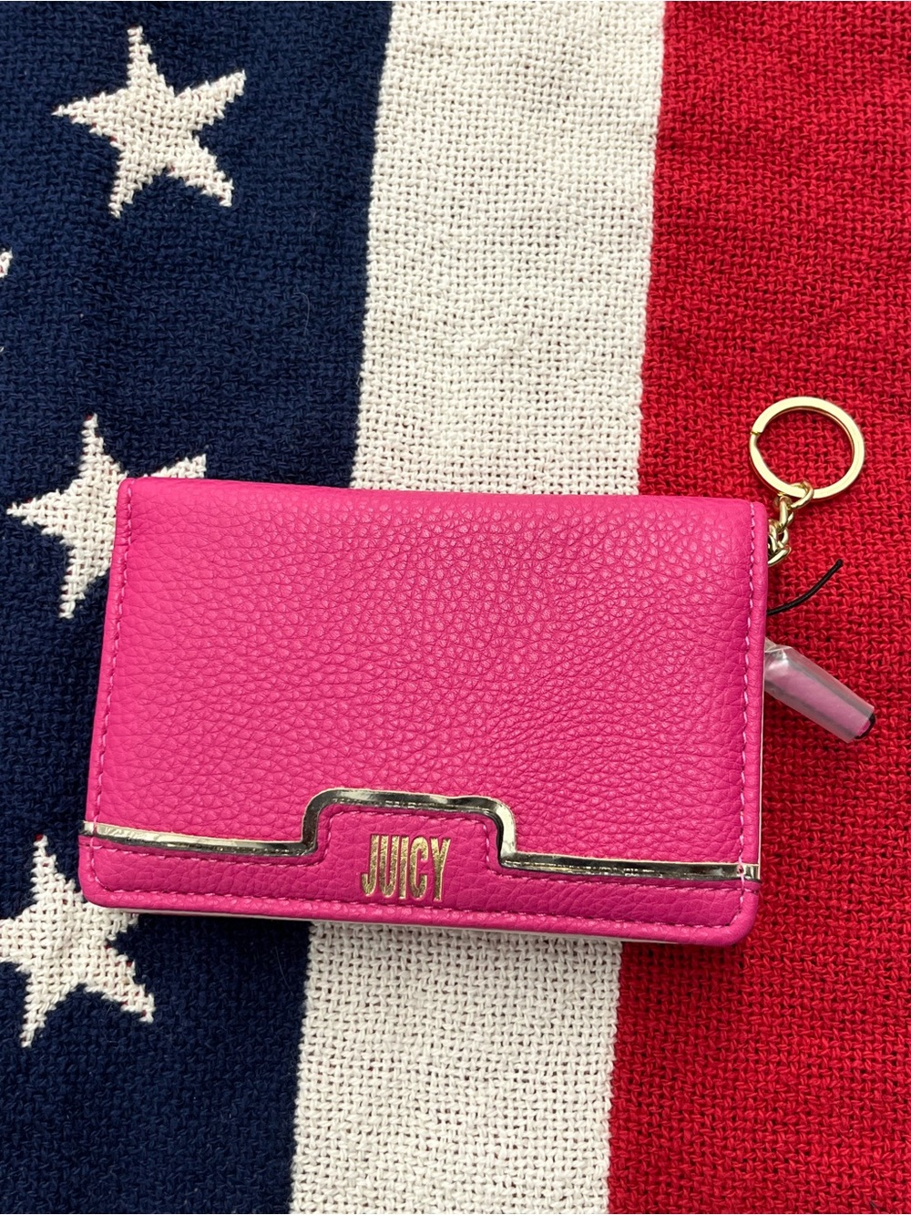 Juicy Couture Hot Pink Leather Card Wallet with Gold Trim and Keyring